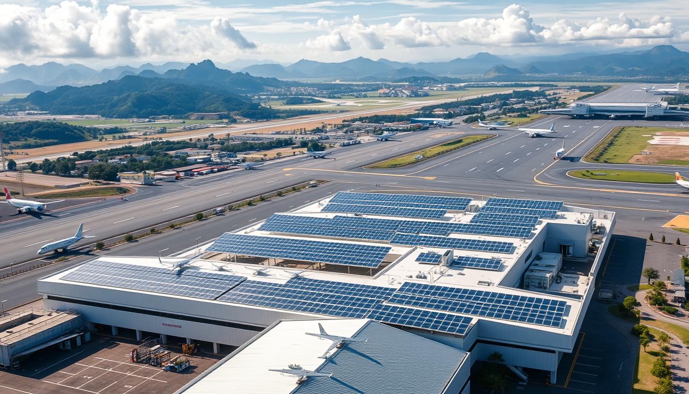 Vue aérienne de l'aéroport Roland Garros à La Réunion avec ses installations solaires photovoltaïques, illustrant l'obtention de l'accréditation ACA 4+